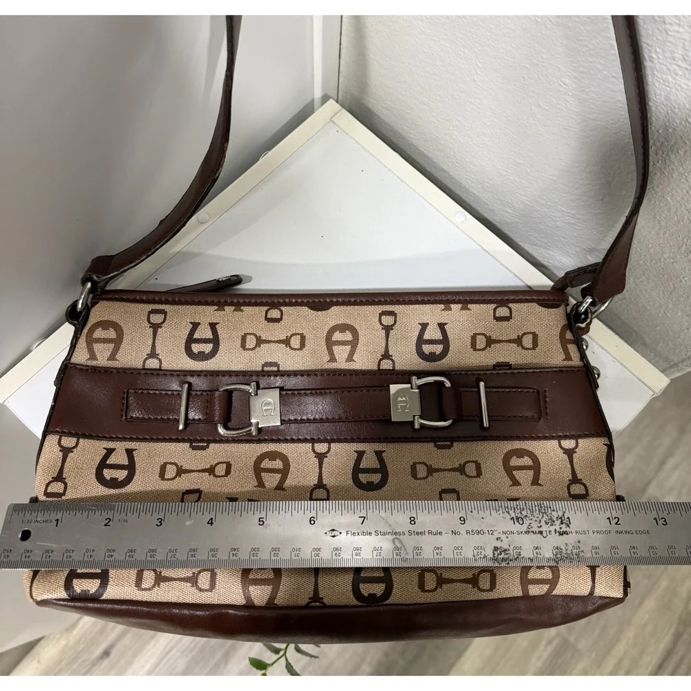 Vintage Etienne Aigner Signature Brown Logo All Over Print Purse Bag